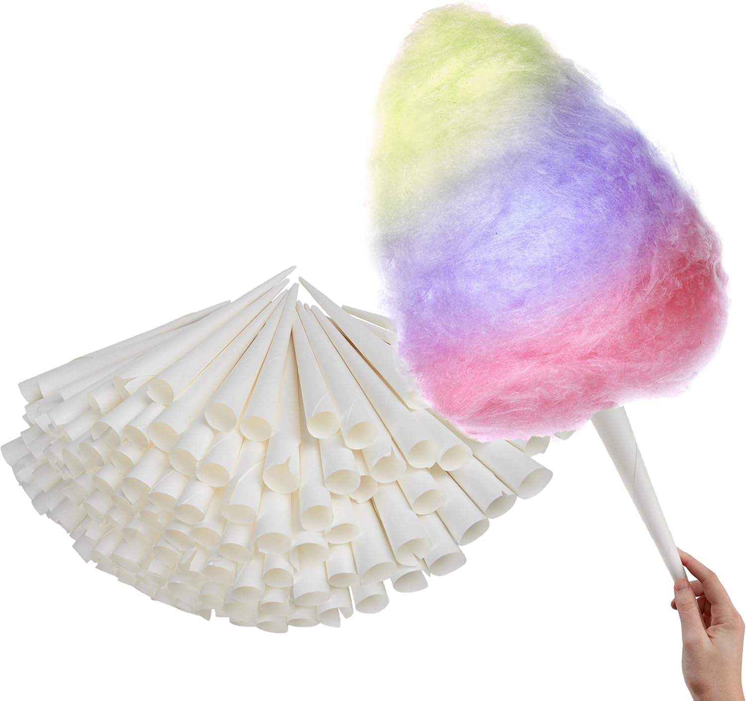 Cotton Candy Cones (100 Pack) – White Kraft Paper Sticks for Floss Sugar & Carnival Treats, Compatible with Cotton Candy Machines –
