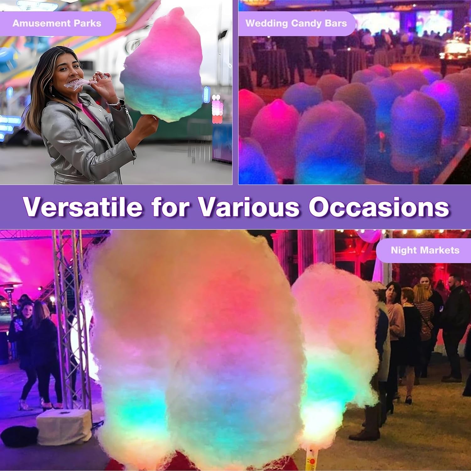 50 Pcs LED Cotton Candy Cones - Glowing Cotton Candy Sticks for Parties - Reusable & Waterproof Cotton Candy Holders - Vibrant Colors for Christmas, Birthdays & Events