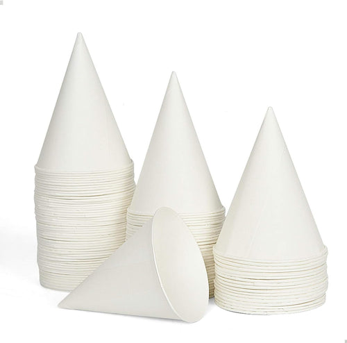 100 Snow Cone Cups, Wax Coated Leakproof Cone Paper Cups for Slush, Shaved Ice, Water - 6OZ, White