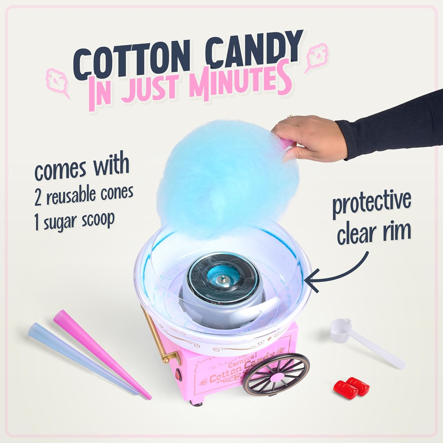 Cotton Candy Machine - Retro Cotton Candy Machine for Kids with 2 Reusable Cones, 1 Sugar Scoop, and 1 Extractor Head – Pink