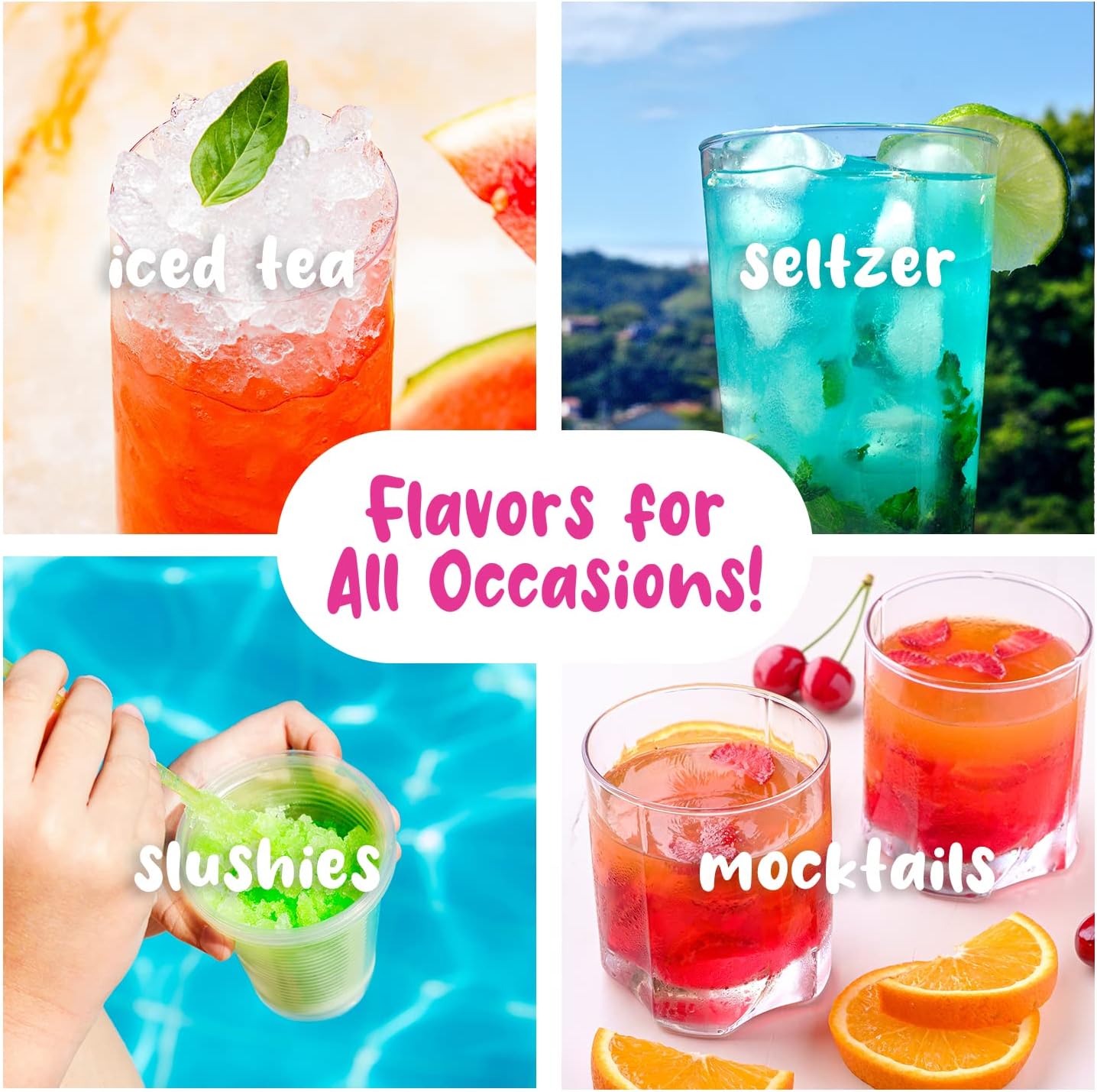 Syrup Assortment with 3 - 16Oz Bottles, 25 Snow Cone Cups, 25 Spoon Straws, and 3 Pouring Spouts. Flavors: Cherry, Blue Raspberry, and Grape. Allergy-Friendly.