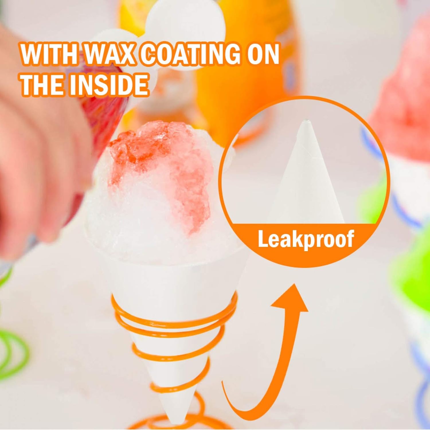100 Snow Cone Cups, Wax Coated Leakproof Cone Paper Cups for Slush, Shaved Ice, Water - 6OZ, White