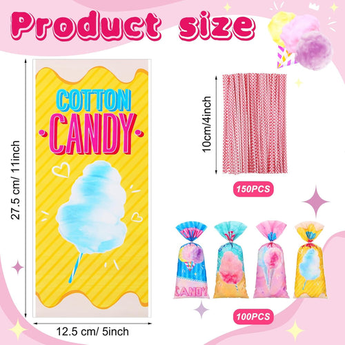 100 Pcs Cotton Candy Bags with Ties 10.8 X 5 Inch Carnival Cotton Candy Cones Treat Snacks Cellophane Bags Gift Wrapping Supplies for Circus Carnival Birthday Party Favor
