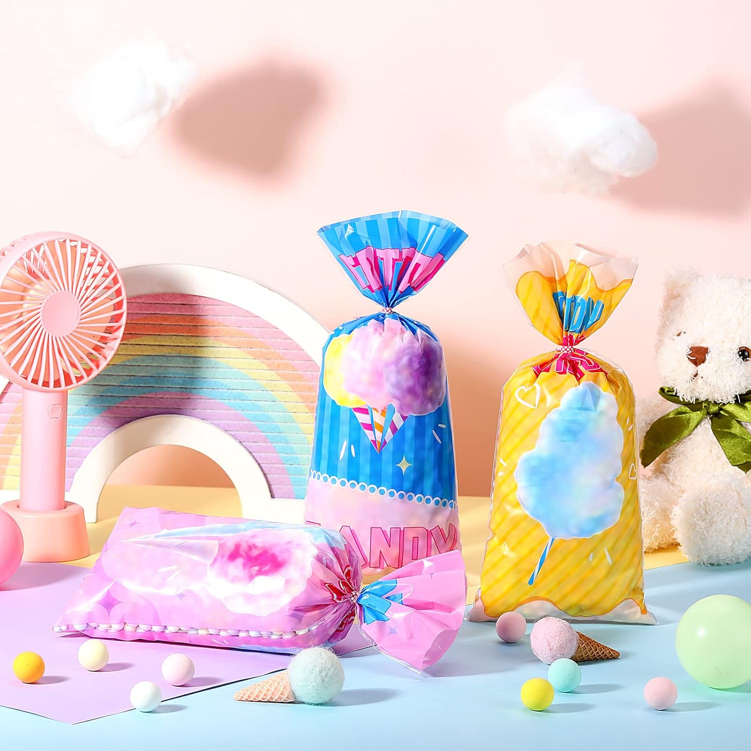 100 Pcs Cotton Candy Bags with Ties 10.8 X 5 Inch Carnival Cotton Candy Cones Treat Snacks Cellophane Bags Gift Wrapping Supplies for Circus Carnival Birthday Party Favor