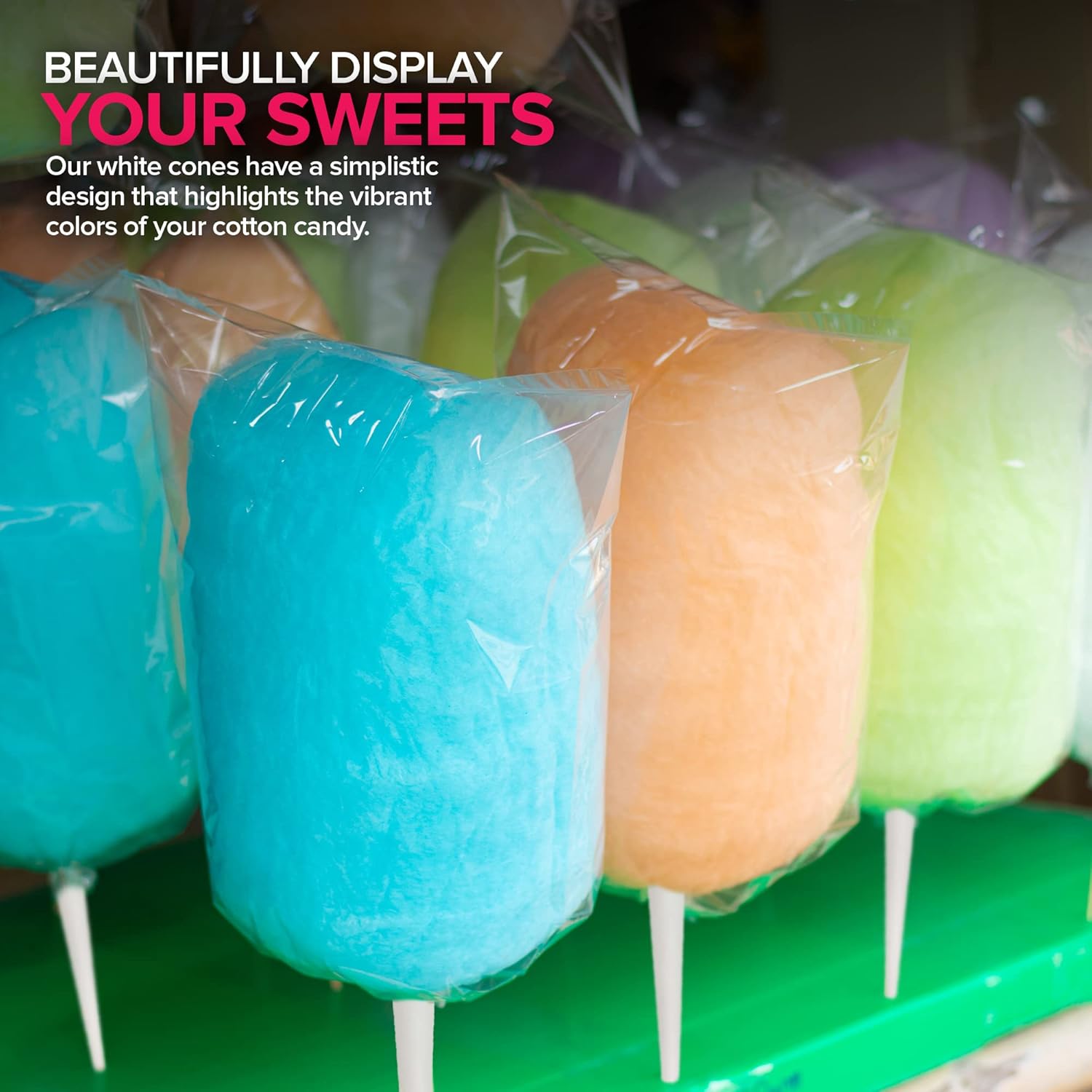 Cotton Candy Cones (100 Pack) – White Kraft Paper Sticks for Floss Sugar & Carnival Treats, Compatible with Cotton Candy Machines –