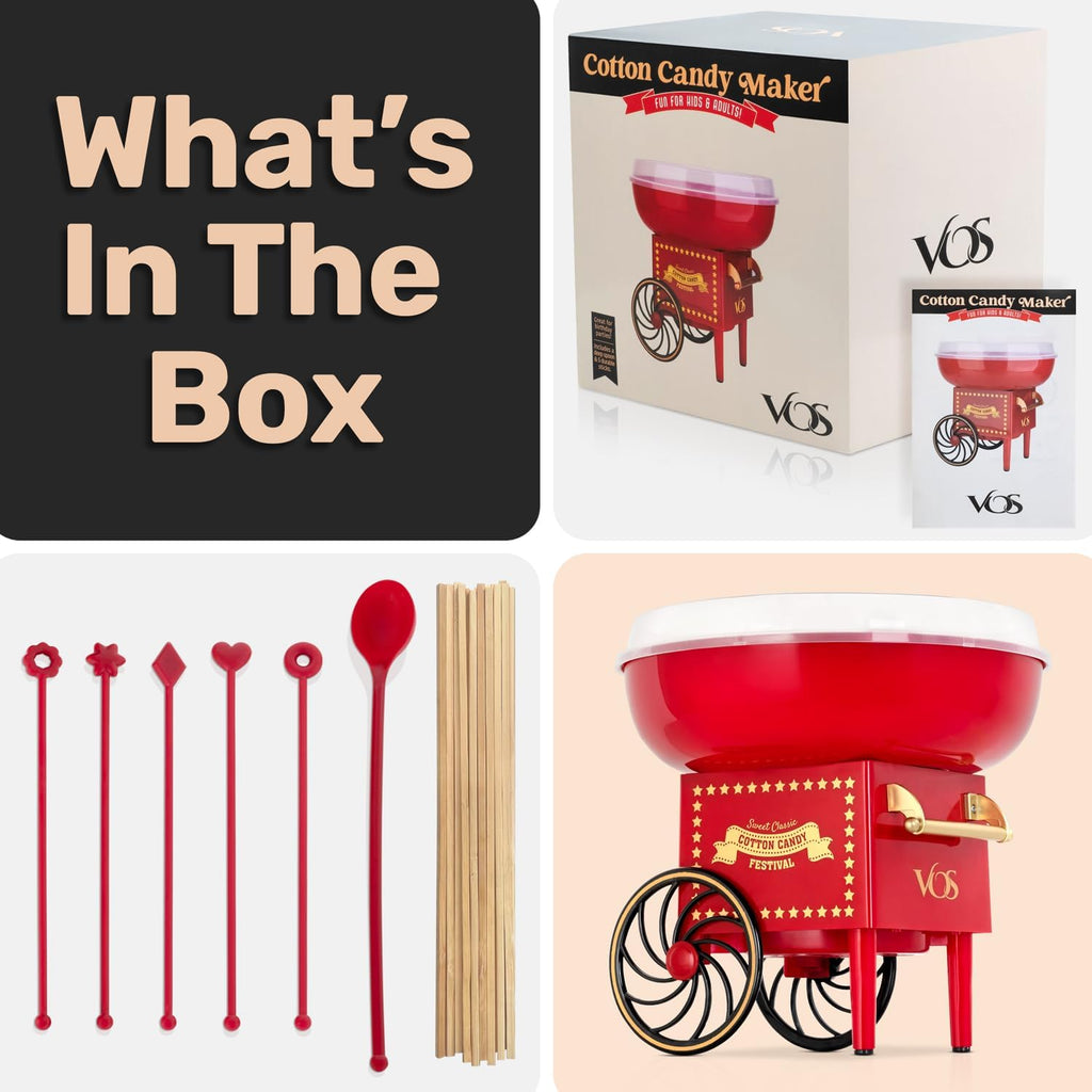 Mini Cotton Candy Machine for Kids, Red Retro Sugar Candy Maker, Cotton Candy Maker Machine Kit: Includes 15 Candy Sticks & 1 Sugar Scoop – Ideal for Home Use, Small Parties & Intimate Gatherings