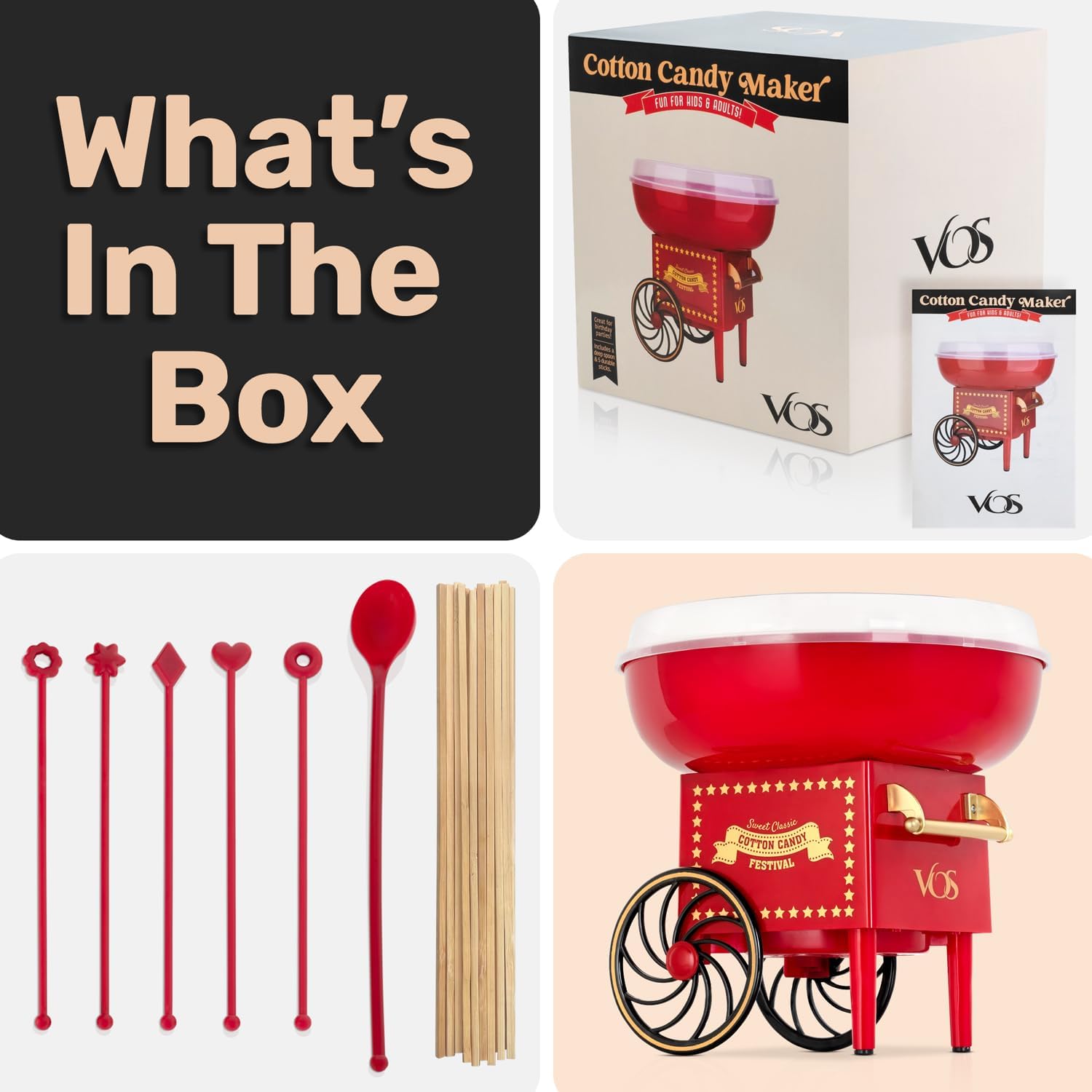 Mini Cotton Candy Machine for Kids, Red Retro Sugar Candy Maker, Cotton Candy Maker Machine Kit: Includes 15 Candy Sticks & 1 Sugar Scoop – Ideal for Home Use, Small Parties & Intimate Gatherings