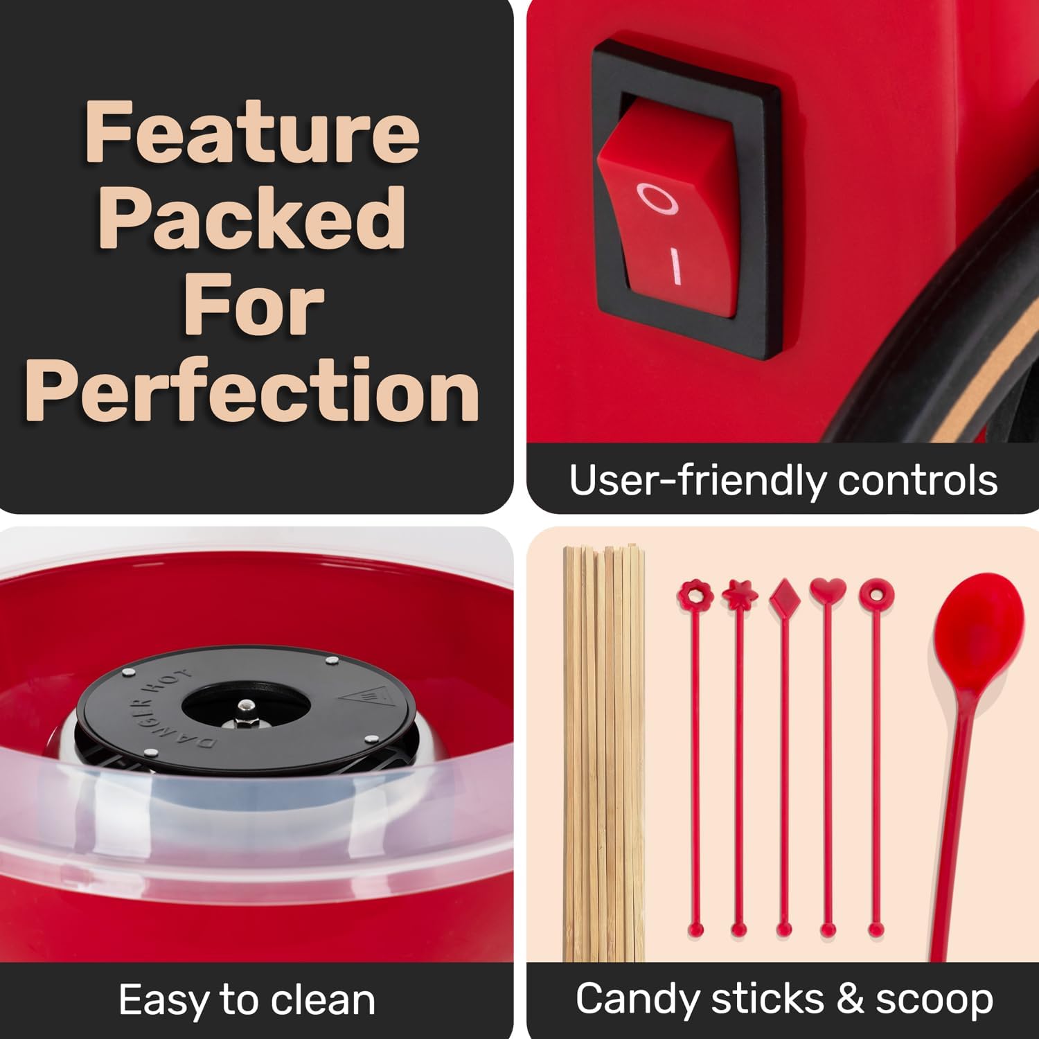 Mini Cotton Candy Machine for Kids, Red Retro Sugar Candy Maker, Cotton Candy Maker Machine Kit: Includes 15 Candy Sticks & 1 Sugar Scoop – Ideal for Home Use, Small Parties & Intimate Gatherings