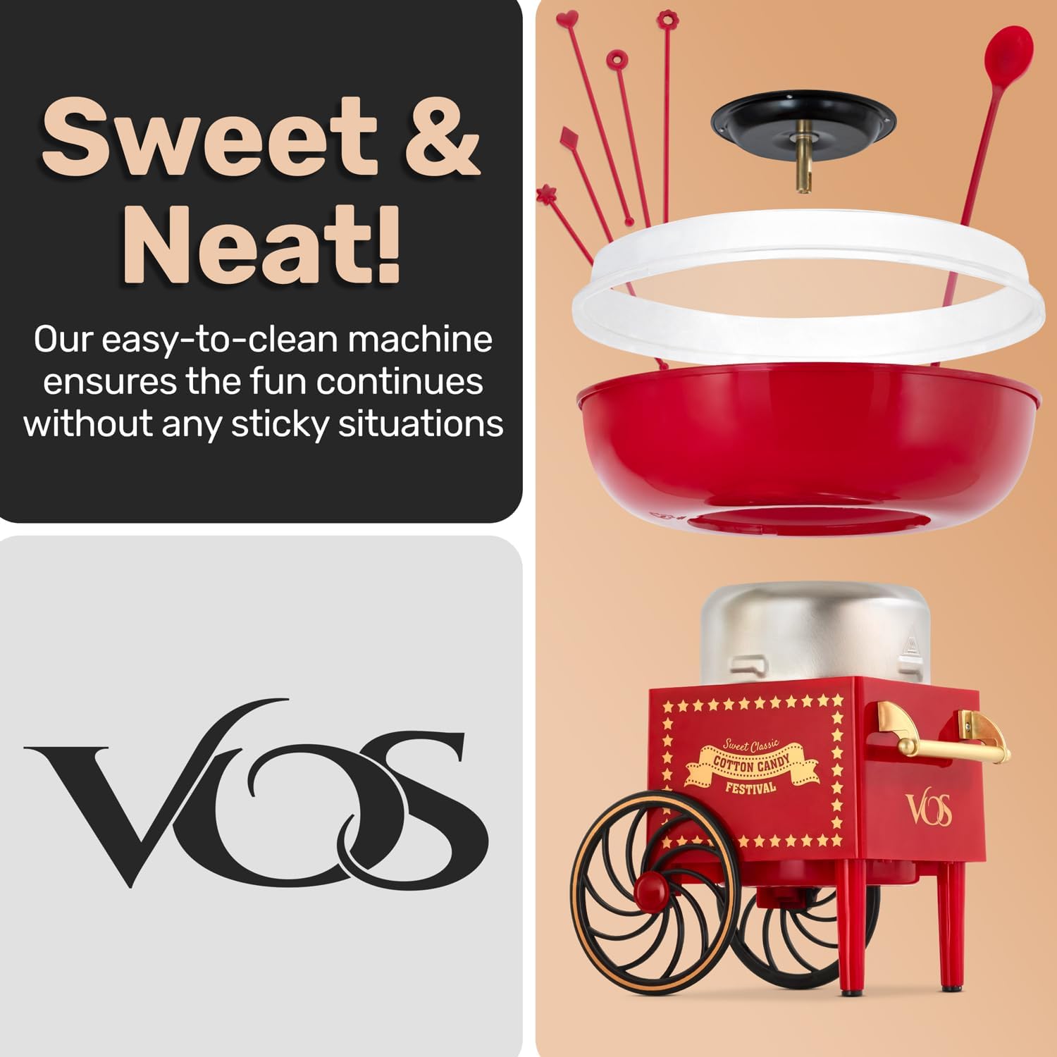 Mini Cotton Candy Machine for Kids, Red Retro Sugar Candy Maker, Cotton Candy Maker Machine Kit: Includes 15 Candy Sticks & 1 Sugar Scoop – Ideal for Home Use, Small Parties & Intimate Gatherings