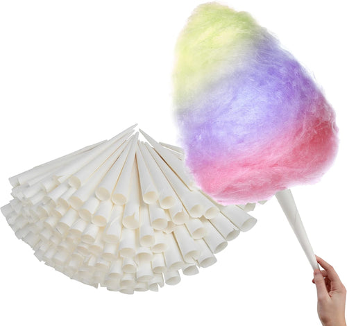 Cotton Candy Cones (100 Pack) – White Kraft Paper Sticks for Floss Sugar & Carnival Treats, Compatible with Cotton Candy Machines –