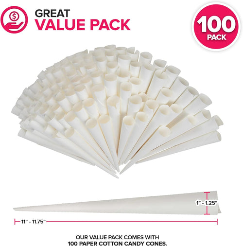 Cotton Candy Cones (100 Pack) – White Kraft Paper Sticks for Floss Sugar & Carnival Treats, Compatible with Cotton Candy Machines –