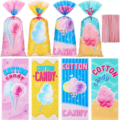 100 Pcs Cotton Candy Bags with Ties 10.8 X 5 Inch Carnival Cotton Candy Cones Treat Snacks Cellophane Bags Gift Wrapping Supplies for Circus Carnival Birthday Party Favor
