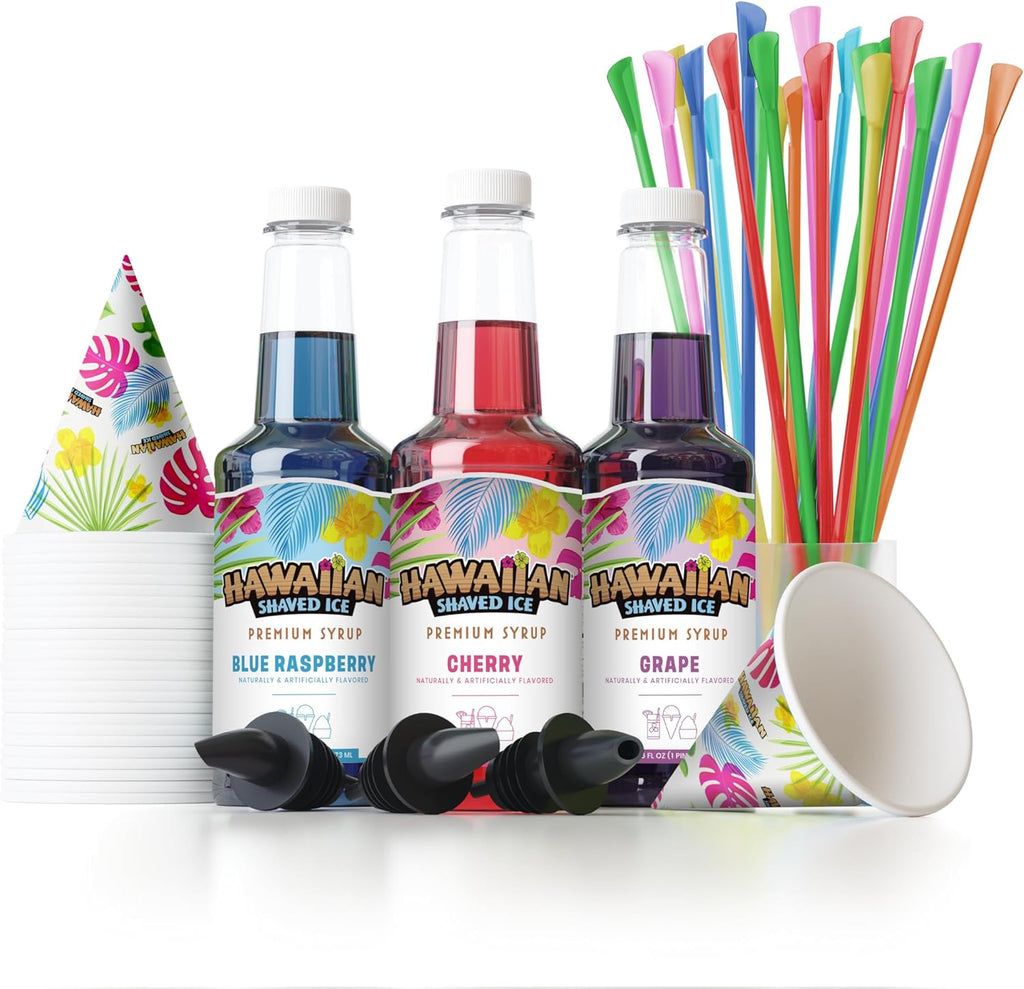 Syrup Assortment with 3 - 16Oz Bottles, 25 Snow Cone Cups, 25 Spoon Straws, and 3 Pouring Spouts. Flavors: Cherry, Blue Raspberry, and Grape. Allergy-Friendly.