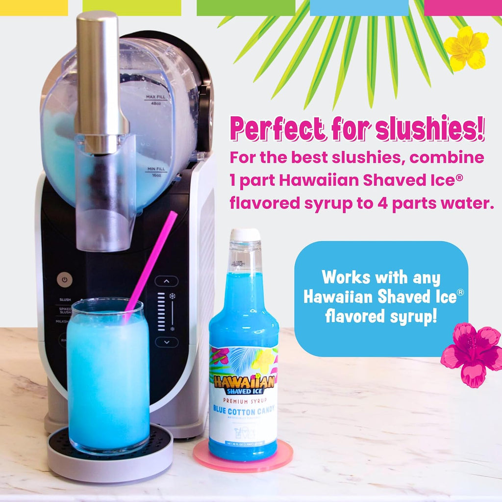 Syrup Assortment with 3 - 16Oz Bottles, 25 Snow Cone Cups, 25 Spoon Straws, and 3 Pouring Spouts. Flavors: Cherry, Blue Raspberry, and Grape. Allergy-Friendly.