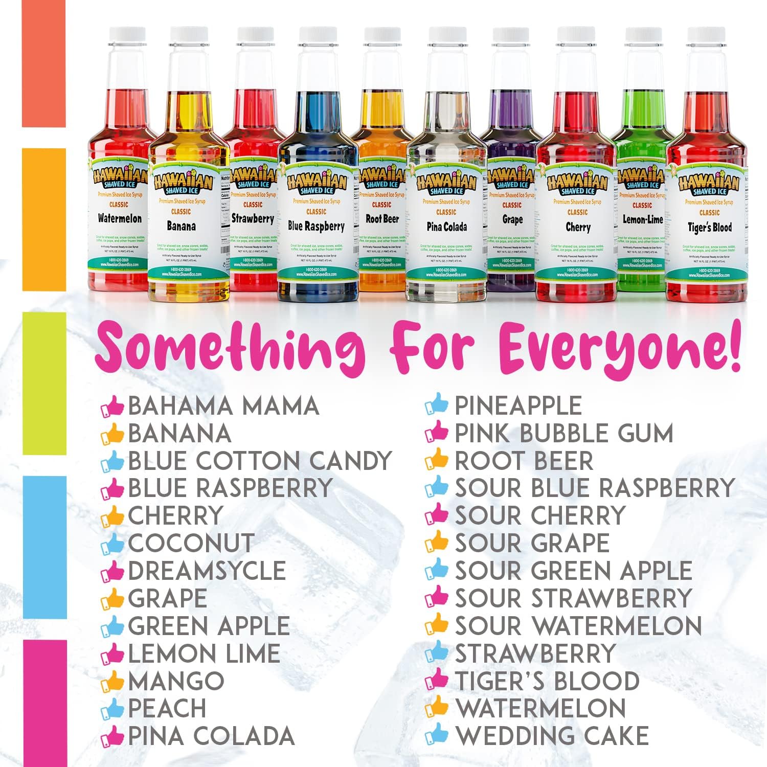 Syrup Assortment with 3 - 16Oz Bottles, 25 Snow Cone Cups, 25 Spoon Straws, and 3 Pouring Spouts. Flavors: Cherry, Blue Raspberry, and Grape. Allergy-Friendly.